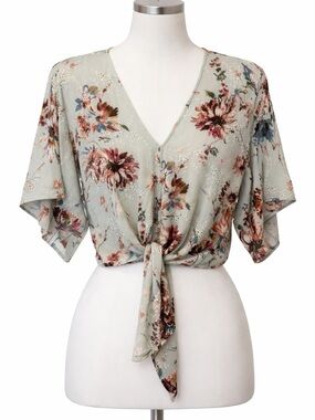 Lovestitch Floral Tie-Front Blouse - Light green multi-color